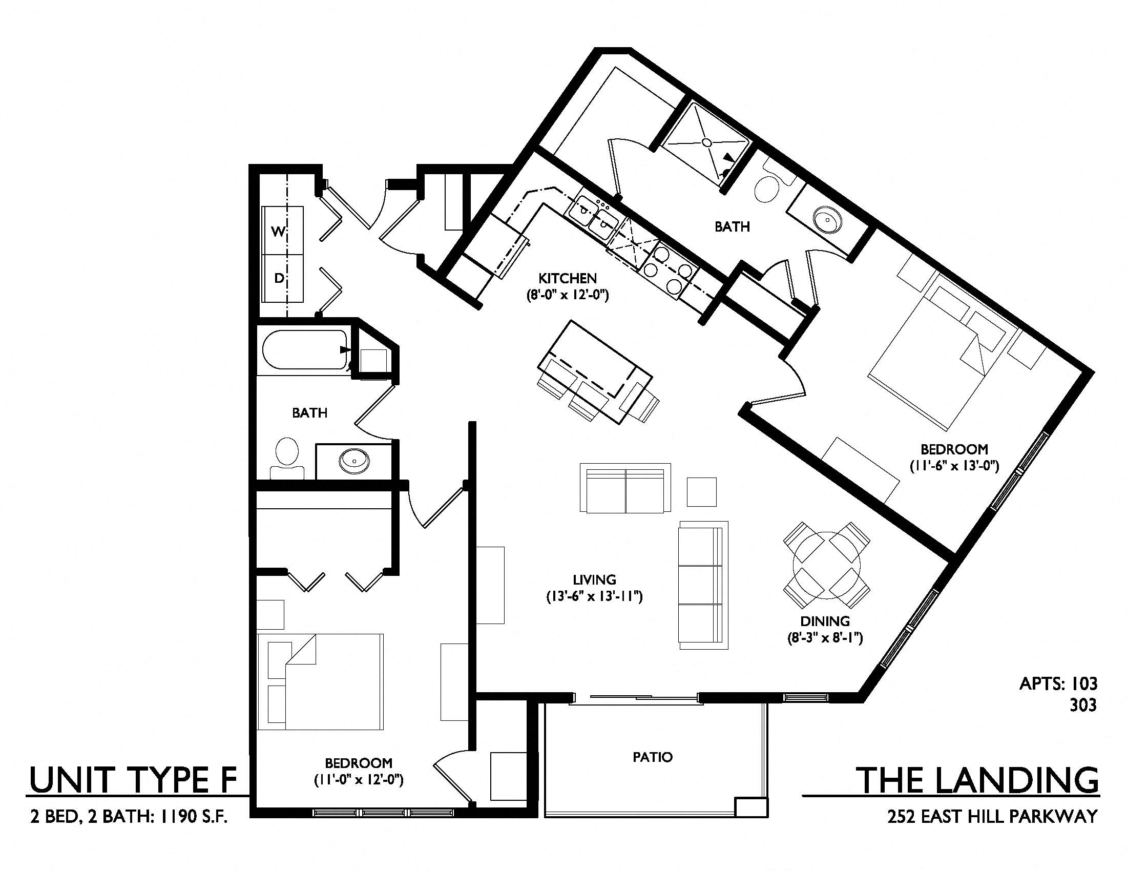 Floor plan for 2 beds, 2 baths, 1190 sqft